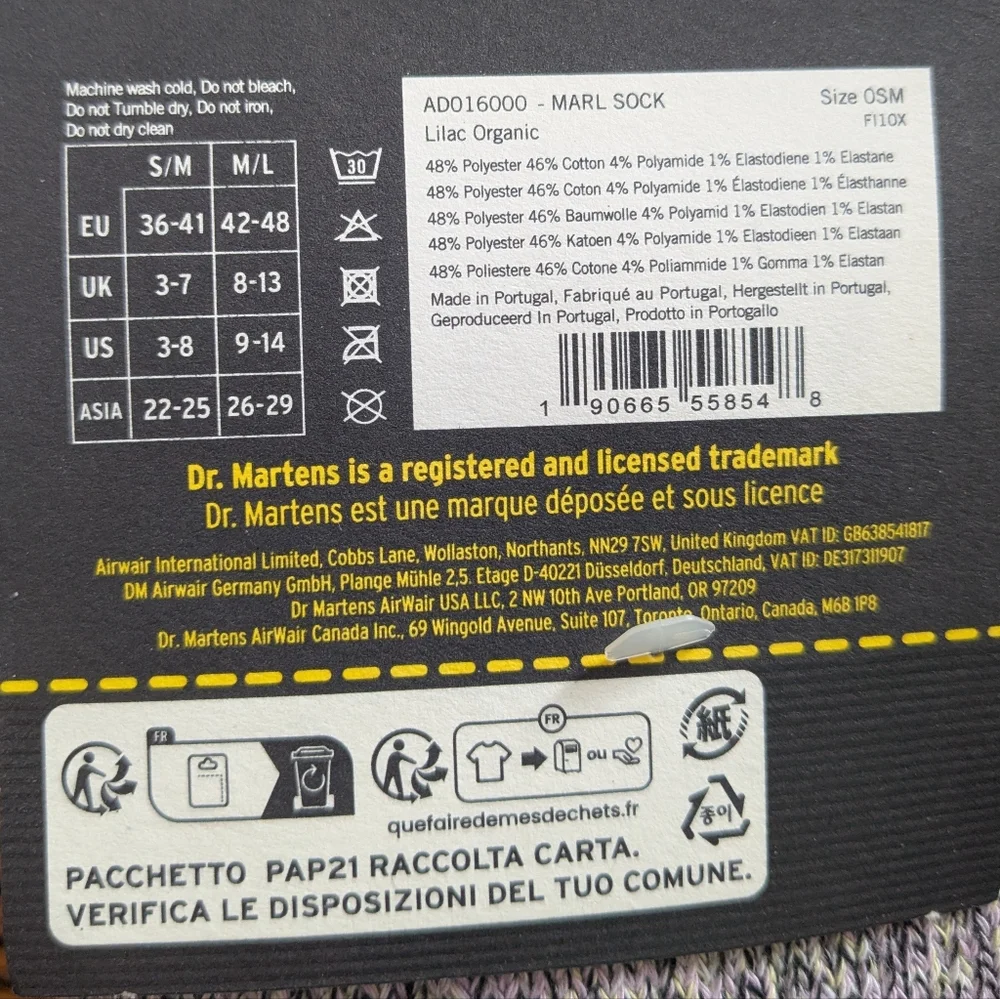 NWT Dr Martens Lilac Organic Marl Crew Socks S/M US 3-8 Space Dye